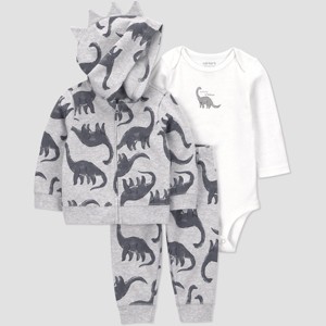 Carter's Just One You® Baby Boys' 3pc Dino Hooded Zip-Up Sweatshirt with Bodysuit and Jogger Pants Set - Gray - 1 of 4
