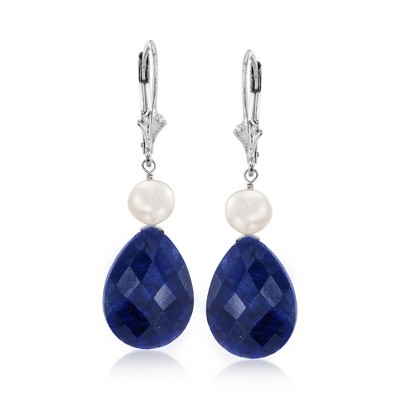 Ross-Simons 20.00 ct. t.w. Sapphire and Cultured Pearl Drop Earrings in Sterling Silver