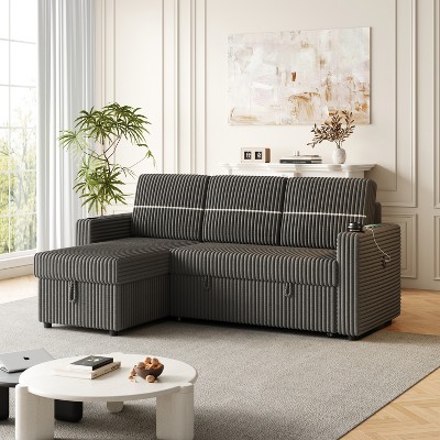 TiramisuBest 85" 3-Seater Corduroy Sofa Bed with Storage Chaise, Pull-Out Sleeper & USB Cup-Holder Handrail for Living Room,Dark Gray