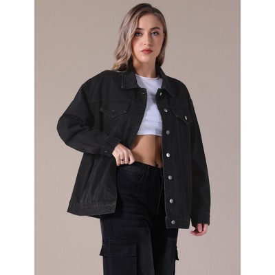 INSPIRE CHIC Women's Long Sleeve Turndown Collar Button Down Oversized Denim Jacket with Pockets Black Small — фото 2