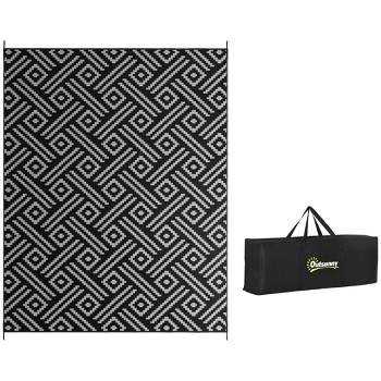 Outsunny RV Mat, Outdoor Patio Rug / Large Camping Carpet with Carrying Bag, 9' x 12', Waterproof Plastic Straw, Reversible, Black & Gray Geometric