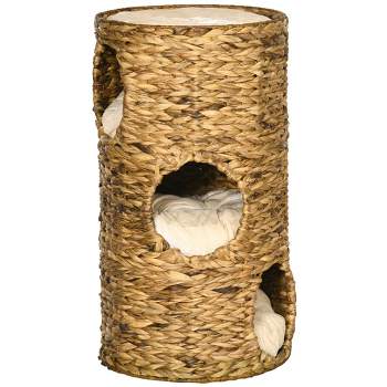 PawHut Elevated Cat Bed with Three Hideaways & Four Soft Plush Cushions, Cat Tower with Hand-Woven Materials, Multi-Layer Raised Kitten Bed Caves