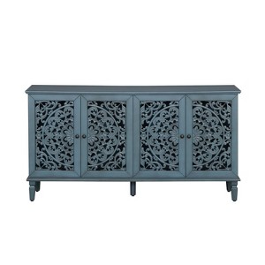 Gulches Antique Blue TV Stand Entertainment Center Fits TVs up to 65 in with Floral Carvings 4 Doors Adjustable Shelves Solid Wood Legs Brass Handles - 1 of 4