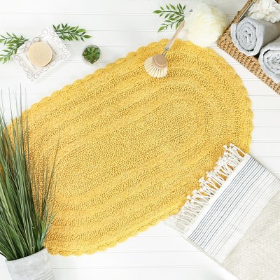Yellow Cotton Oval Crochet Bath Mat, 21 x 34 inches