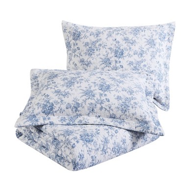 Blue and White Cotton Reversible Floral Quilt Set