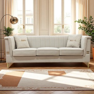 83.5" Velvet 3-Seater Chesterfield Sofa,Vertical Channel Tufted Couch with Gold Metal Legs & 2 Pillows for Living Room-Baofuwish - 1 of 4