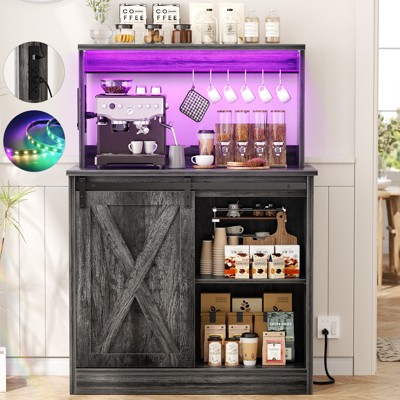 Aheaplus Coffee Bar Cabinet with Charging Station and LED Light, Kitchen Buffet Sidboard with Sliding Barn Door and Top Storage Shelves