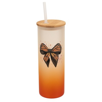 Elanze Designs 25 Ounce Frosted Glass Gradient Travel Tumbler With Straw and Wooden Lid, Orange Monarch Bow Orange
