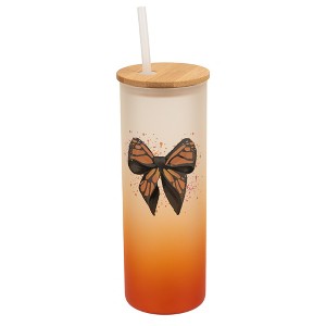 Elanze Designs 25 Ounce Frosted Glass Gradient Travel Tumbler With Straw and Wooden Lid, Orange Monarch Bow Orange - 1 of 1