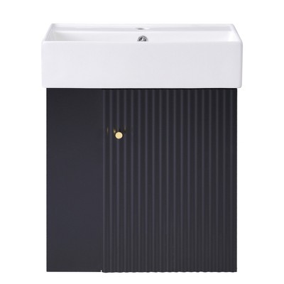 Vynxaria 21.6" Black Modern Floating Bathroom Storage Cabinet with Left side storage