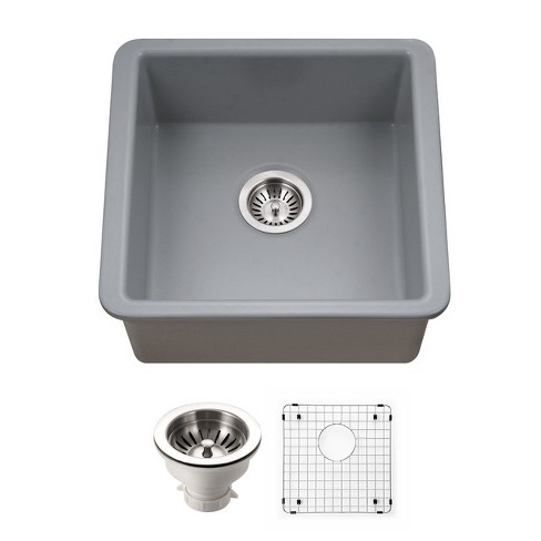 Houzer Platus 20 Inch Gray Fireclay Undermount Square Single Bowl Bar ...
