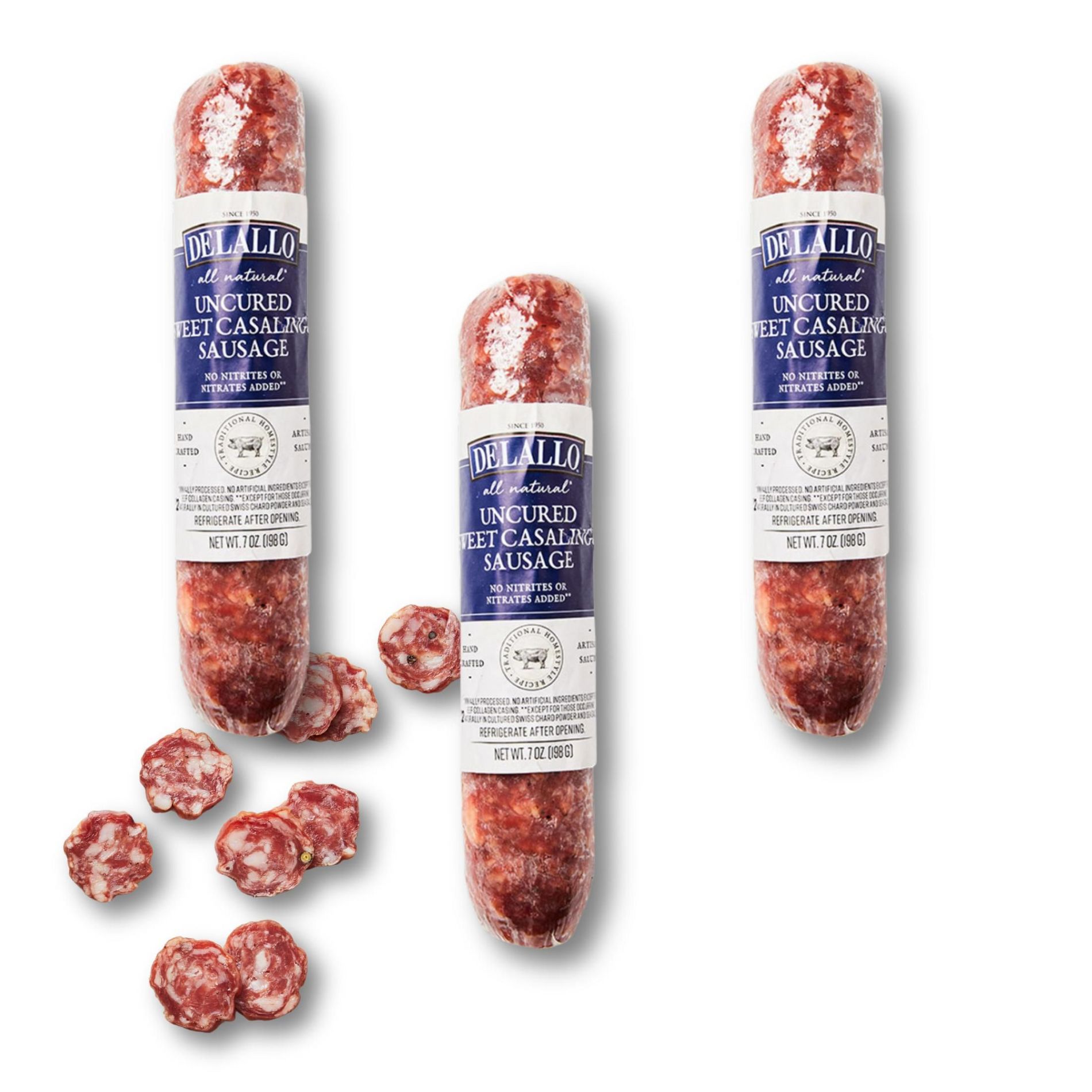 DeLallo Sweet Casalingo Dry-Cured Sausage, 7 oz Stick, (3 Pack)