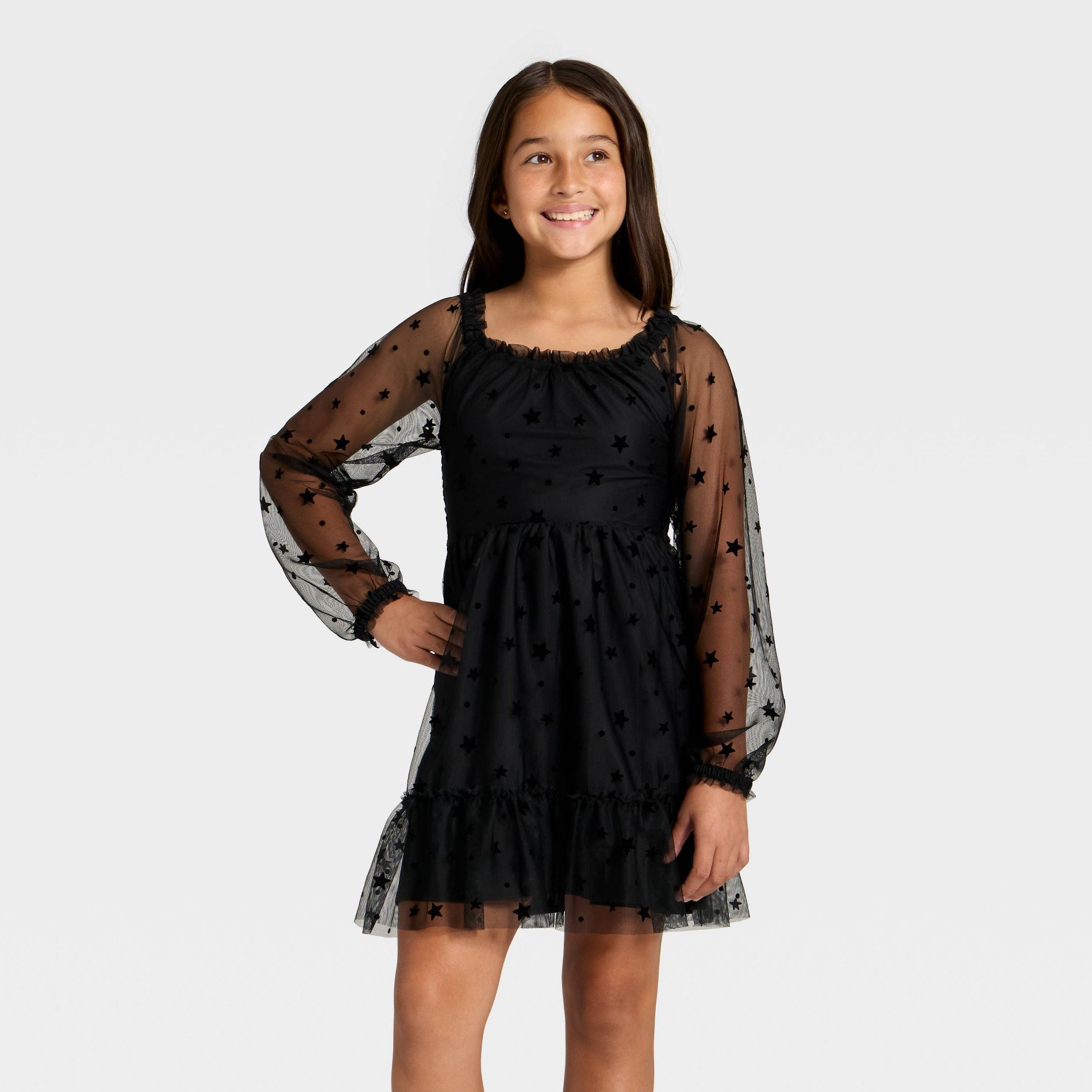 Girls' Long Sleeve Flocked Mesh Dress - Cat & Jack™