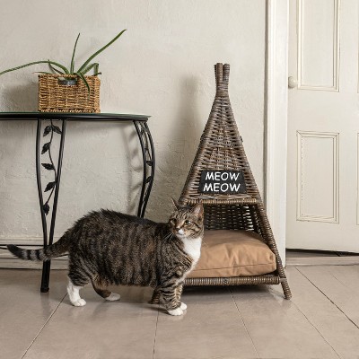Small Kubu Gray Handwoven Rattan Triangle Cat Bed with Cushion