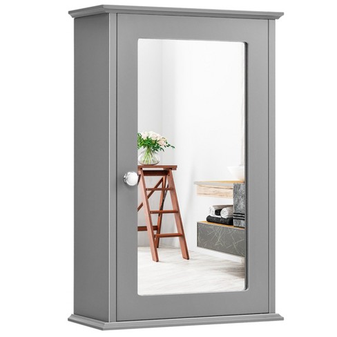 Costway Bathroom Wall Cabinet Single Mirror Door Cupboard Storage Medicine  Cabinet Wood Shelf Grey