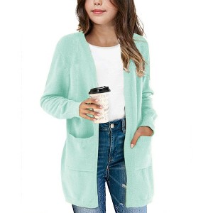 BLUEMING Girls Solid Color Knit Cardigan Long Sleeve Button Front Sweater with Pockets Adorable Loose Fit Kids Outerwear - 1 of 4