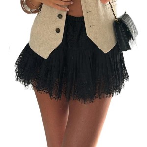 Y2K Low Rise Lace Mini Skirt - Layered Ruffle Half Slip Skirt with Pleated Detail Patch Black 11 - 1 of 4