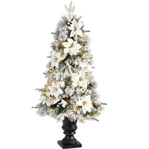 Nearly Natural 4-ft Flocked Artificial Christmas Tree with 223 Bendable Branches and 100 Warm Lights in Decorative Urn - 1 of 4