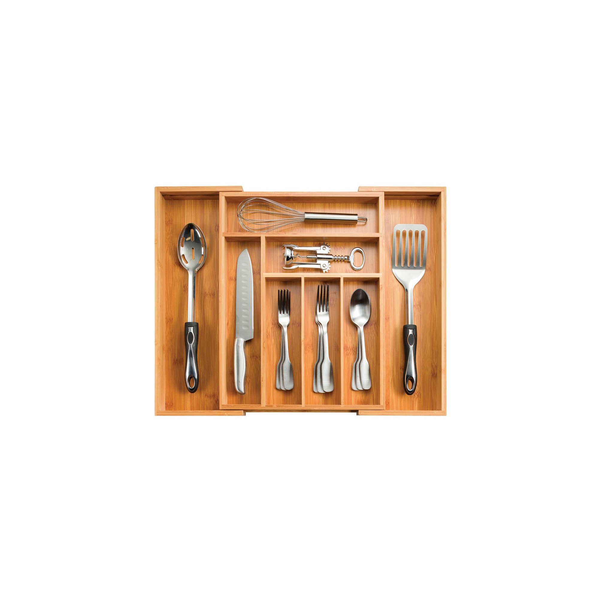 Kitchen Drawer Organizer - Expandable 8-Slot Bamboo Silverware & Utensil Holder, Adjustable Wooden Cutlery Tray for Flatware Storage