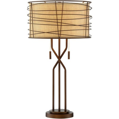 Franklin Iron Works Modern Table Lamp with Table Top Dimmer 28.75" Tall Bronze Metal Burlap Fabric Drum Shade for Living Room Bedroom Entryway