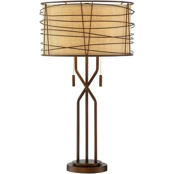 Franklin Iron Works Industrial Table Lamp 28 3/4" Tall with USB Dimmer Bronze Metal Outer Burlap Inner Drum Shade for Bedroom Living Room Home Bedside