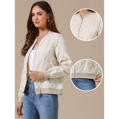 INSPIRE CHIC Women's Collarless Long Sleeve Floral Zip Up Ribbed Cuff Cropped Bomber Jackets Medium Khaki — фото 2