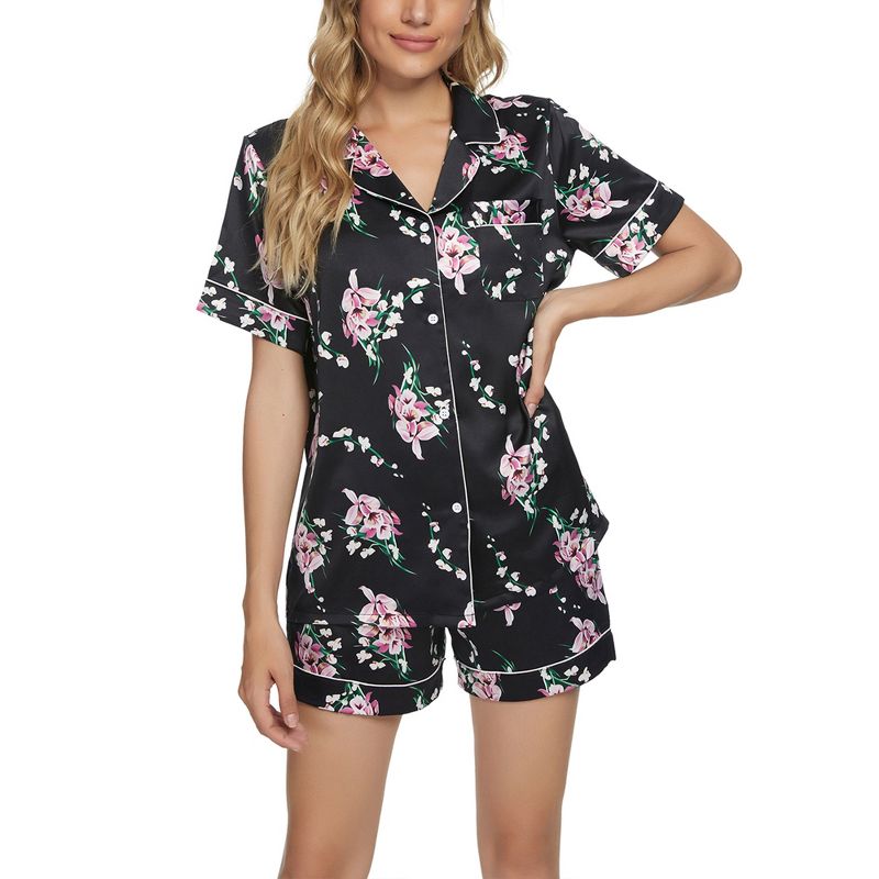 cheibear Women's Floral Button Down Shirt Shorts Satin Pajama Set 2 Pcs, 1 of 6