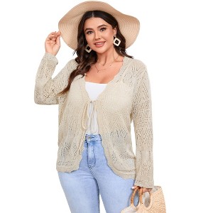Clearlove Women's Plus Size Tie Front Cardigan Sweaters Long Sleeve Bow Sweater Fall Winter Trendy Outerwear Tops - 1 of 4