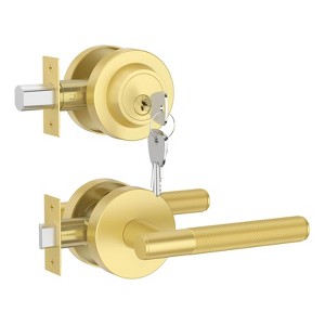 Itopfox Premium Brushed Gold Zinc-Alloy Front Door Lock Set: Double Cylinder Deadbolt, Heavy Duty Security Handleset for Left/Right Exterior Doors - 1 of 4