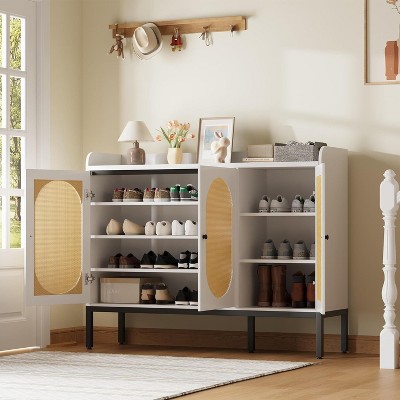 Shoe Cabinet with 3 Rattan Doors, Freestanding Shoe Storage Organizer with Adjustable Shelves, 7-Tier Shoe Storage Cabinet for Entryway