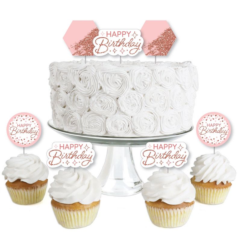 Big Dot of Happiness Pink Rose Gold Birthday - Dessert Cupcake Toppers - Happy Birthday Party Clear Treat Picks - Set of 24, 1 of 8
