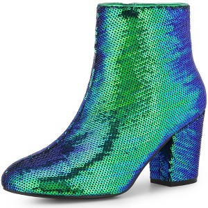 Allegra K Women's Round Closed Toe Zip-Up Sequins Block Heels Ankle Boots - 1 of 4