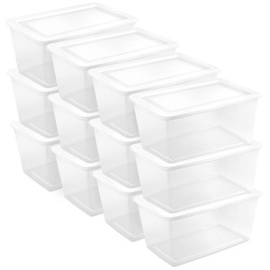 Sterilite Storage Box, 90 Quart Stackable Tote, Clear Plastic Container with Secure Snapping Lids for Home and Office Organization, White, 12 Pack - 1 of 4