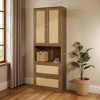 Tall Rattan Storage Cabinet with 2 Doors, 3 Drawers and Open Shelves, BookShelf, Pine Wood Storage Cabinet with USB Port for Living Room, Bedroom - 2 of 4