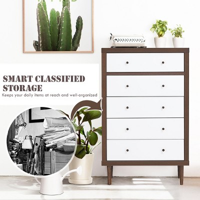 White and Walnut Mid-Century Modern 5-Drawer Dresser