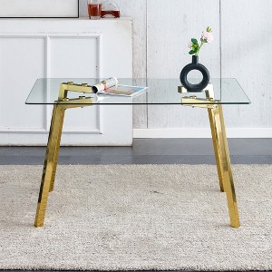 Gulches Modern Minimalist Rectangular Dining Table Tempered Glass Top Golden Metal Legs Kitchen Dining Living Room - 1 of 4