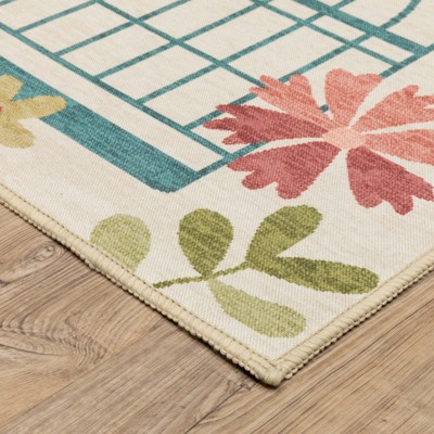 Beige and Multicolor Tropical Birds Washable Synthetic Area Rug