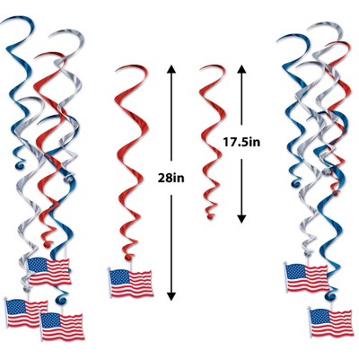 Patriotic Red, Blue, Silver American Flag Hanging Swirls, 17.5"-28"