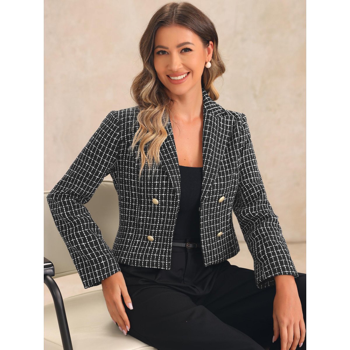 Женские пиджаки INSPIRE CHIC Women's Notch Lapel Buttons Office Long Sleeve Casual Blazer White Black Small — фото 4