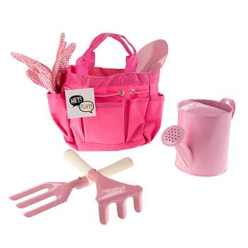 Toy Time Kids' Gardening Set – Mini Garden Tools with Child-Sized Shovel, Rake, Fork, Gloves, Watering Can and Tote - Pink