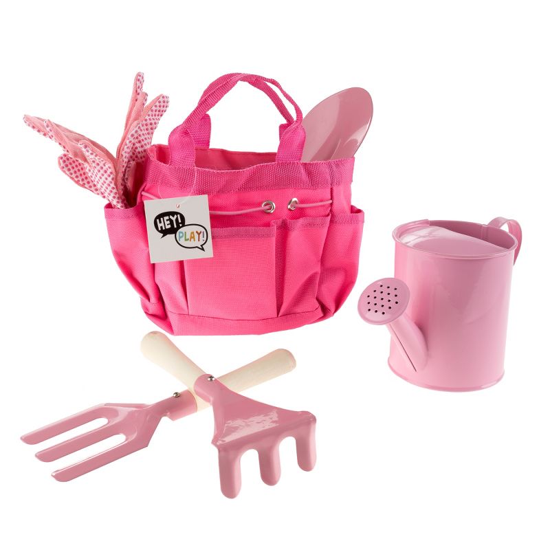 Toy Time Kids' Gardening Set – Mini Garden Tools with Child-Sized Shovel, Rake, Fork, Gloves, Watering Can and Tote - Pink, 1 of 7