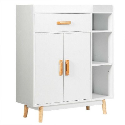 Munora - 31.5"W x 37.5"H Freestanding Floor Storage Cabinet - Drawer, Double-Door Cupboard & Open Shelves - Rubberwood Legs