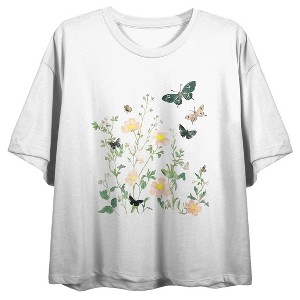 Flowers & Butterflies Softly Blooming Women’s White Crew Neck Short Sleeve Crop Top - 1 of 4