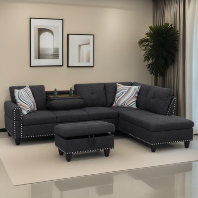 GlasFlength Sectional Sofas with Ottoman, Modern Large Modular Sectional Couch for Living Room, L Shape Upholstered Couch, Dark Gray, Length 97.5"