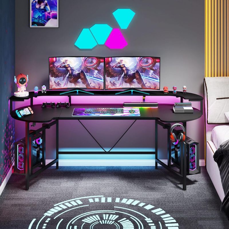 Tribesigns 75" Gaming Desk with LED Light, Large Computer Desk with Monitor Shelf, 3 of 8