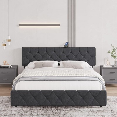 coucheta Bed Frame with Headboard and Type-C & USB Ports, Adjustable Linen Upholstered Platform Bed Frame, No Box Spring Needed, Easy Assembly