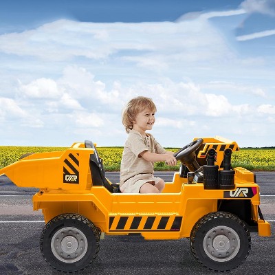 12V Kids Electric Ride-On Construction Dump Truck with Remote Control, 4WD, Working Dump Bed/Shovel, Bluetooth Music, USB Charger, LED Lights