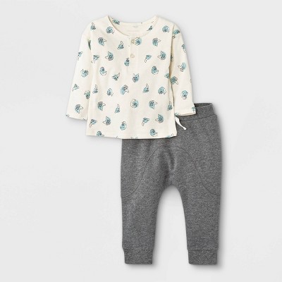 Image of Grayson Mini Baby Boys' French Terry Jersey Henley Top & Bottom Set - Charcoal Gray Newborn