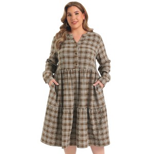 GRACE & GRANDEUR Women's Plus Size Plaid Button Front Tiered Notch Neck  Long Sleeve Long Casual A-Line Dress with Pockets 2X Brown : Target