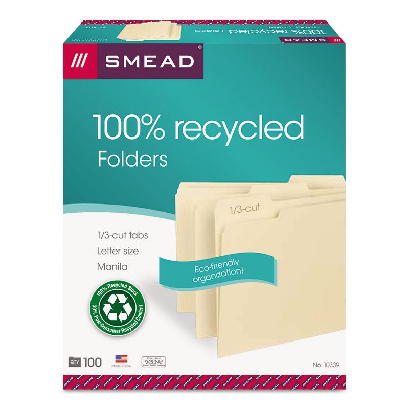 Smead 100% Recycled File Folders 1/3 Cut One-Ply Top Tab Letter Manila 100/Box 10339, 4 of 10
